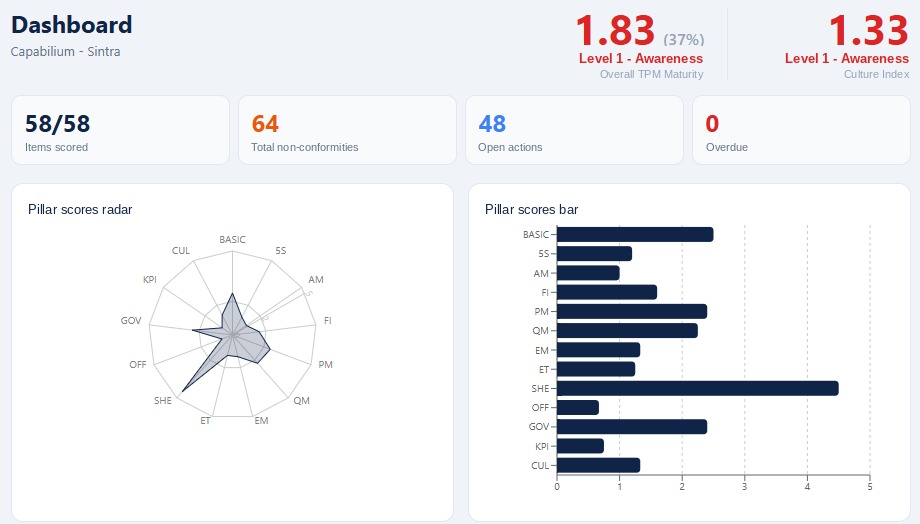TPM Radar maturity dashboard — pillar scores radar and bar chart